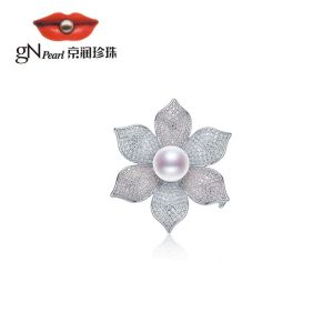 Elegant Freshwater Pearl Brooch with Zircon Inlay 9-10mm
