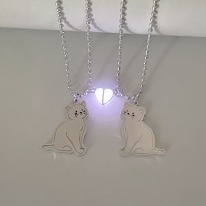 2/PCS Glow-in-the-Dark Heart Stainless Steel Cat Pendant Bead Chain Couple Necklaces Magnetic Attraction Fashion Jewelry