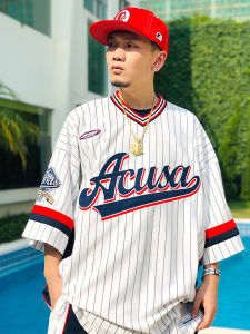 Acusa Retro Baseball V-Neck Sweatshirt Short Sleeve Knitted Pattern Double Stitched Wide Fit Baseball Jacket for Men