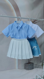 Kids School Uniform Terno Set Trendy Plain White and Blue Polo Formal Party Outfit for 3-12Y Kids Girls