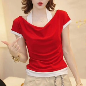 Shalldoer | Elegant Designer Shoulder Bared Neckline Casual Loose Fit Wide Leg Straight Tube Summer Top For Women Polyester Fiber Short Sleeve T-Shirt
