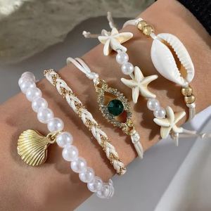 5Pcs Bohemian Shell Starfish Bead Bracelet Set for Women Imitation Pearl Zircon Evil Eye Stacked Bangles Beach Party Jewelry