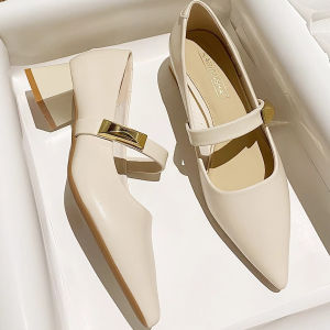 รองเท้า Mary Janes หนังแท้ทรงหัวแหลมส้นสูงปานกลางสไตล์ฝรั่งเศสสำหรับผู้หญิง ฤดูใบไม้ผลิและฤดูใบไม้ร่วง รองเท้าส้นเดี่ยวแบบสวมสบาย