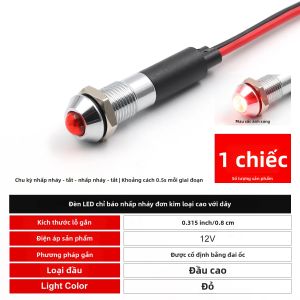 Đèn Báo LED Kim Loại FILN 8mm Đèn Nháy Đơn 12V Cường Độ Cao 20cm Có Dây Sẵn Dùng Cho Ô Tô Thuyền Công Nghiệp