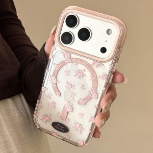 Gentle Beautiful Pink Rose Flowers Transparent Magnetic Wireless Charging Phone Cover Case for iPhone 17 16 15 14 13 12 Pro Max