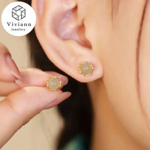 Viviann Original Exquisite Gold Green Jade Round Earrings for Female Girl Everyday Wear Gift Jewelry 925 silver Gold Color Stud Earrings For Women AAA Zircon Shiny Earring Wedding Birthday Jewelry