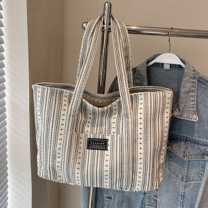 Large Capacity Striped Tote Bag Fashionable Handheld Commuter Bag for College Students Class Shoulder Bag Vertical Square Shape