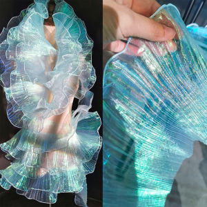 Lace Trim Organza Fabric Mermaid Ruffled Transparent Iridescent Laser Pleated for Patchwork Skirts Wedding Sewing Costume Supply