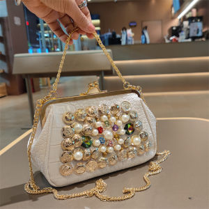 Elegant Diamond Embedded Evening Bag Sweet Handbag Chain Shoulder Bag for Banquet Fresh And Cute Style Shell Shaped Handbag