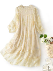 XMO | Embroidered Lantern Sleeve Loose Silk Dress