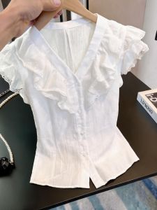 KUNAILIN | Fashionable Slimming Ruffle V-Neck Short Sleeve Blouse