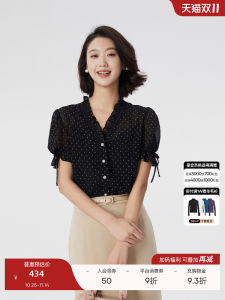 OBEG French Style Polka Dot Short Sleeve Shirt Womens Vintage Floral Collar Shirt Summer Breathable Polyester Business Casual Top