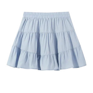 กระโปรงทรงเอเอวสูงสีฟ้า ป้องกันการโชว์เนื้อ กระโปรงสั้นจีบ ทรงเค้ก สำหรับสาวน้อย กระโปรงทรงเอป้องกันแสง ฤดูใบไม้ผลิและฤดูร้อน