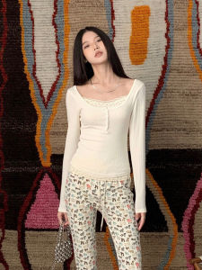 เสื้อยืดแขนยาวลายดอกไม้ AINEE สำหรับผู้หญิง ฤดูใบไม้ร่วง/ฤดูหนาว เสื้อชั้นในเข้ารูป เสื้อชั้นในสั้น หวานและเผ็ดร้อน เสื้อตัวบน