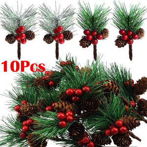 10Pcs Artificial Christmas Pine Cone with Holly Branches for Christmas Artificial Flower Wreath Decors Red Berry Stem Christmas Decoration 2024