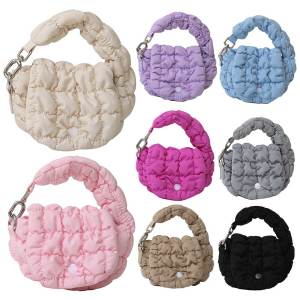 Mini Puffer Tote Bag for Women Solid Color Wrist Handbag Nylon Key Pouch Clutch Purse for Work Travel Shopping