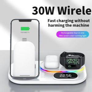 [SG Seller] New Model with Clock 4 in 1 Wireless Charger 30W Fast Charging RGB Ambient Light Multi-functional Wireless Charger