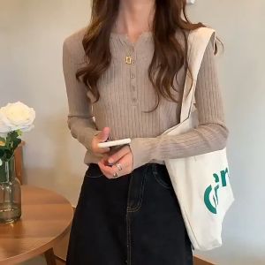 FRAN New Knitted Long Sleeve Top Women Slim Plain Color Button Top
