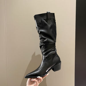 Fashionable Western Cowboy Boots for Women with Pointed Toe and Scrubbed Knee-High Rubber Soles Ideal for Spring and Fall
