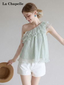 La Chapelle | Asymmetrical Lace Trim Voile Slant Collar Off-Shoulder Blouse