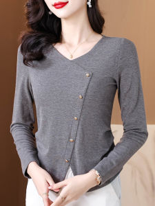 V-Neck Knitted Long Sleeve T-Shirt Womens Autumn New Style Asymmetrical Slimming Base Shirt Commute Style Polyester Fiber
