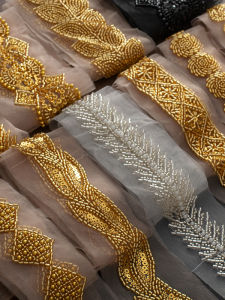 Heavy Industry Premium Golden Pearl Shiny Sequin Embroidery Double Side Net Lace Handmade Clothing Trim Sparkling Fabric Accessories
