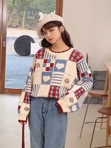 Sweter Kotak-Kotak Wanita Gaya Korea Musim Gugur & Dingin