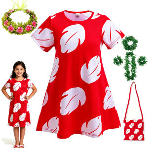 Lilo Dress Girls Hawaiian Costume Princess Short Sleeve Dress Up with Flower Wreath Headband for Girls Summer Carnival Halloween