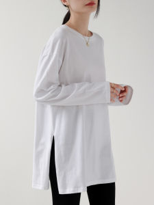 Loose Long Sleeve round Neck White T-Shirt Womens Hoodie Inner Wear Overlap Bottoming Shirt Butt Covering Split Upper Apparel