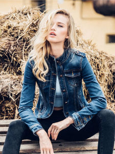 Womens Short Slim Fit Denim Jacket Stand Collar Biker Style Spring Autumn Cotton Polyester Blend Long Sleeve Single Button