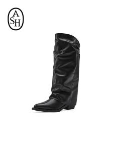 ASH Womens Fashion Boots 2025 Autumn Winter High Tube Boot Pointed Toe Thick Heel Casual Rubber Bottom Leather Material