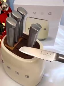 Italy Smeg Knife Block Set Stainless Steel 7-Piece Knives Set SMEG Home Kitchen Knife Cream Color Set Pisau knife set SMEG