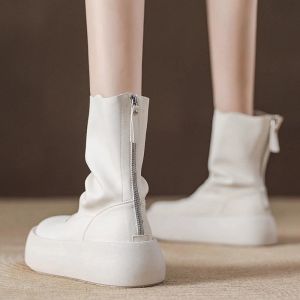 Lulucozy Spanish เฉพาะกลุ่ม ยี่ห้อ ฤดูใบไม้ร่วง ฤดูหนาว ส้นหนาใหม่ ยืดได้ รองเท้าบู๊ตบุหรี่เพิ่มความสูง Slim ผู้หญิง รองเท้าบูทหัวกลม