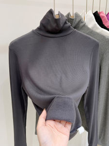 Womens High Collar Fleece Lined Base Shirt Slim Fit Brushed T-Shirt Korean Style Commute Pure Color Winter Fashion Sensation
