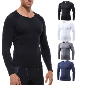 Mens Thermal Sports Underwear Elastic Quick Drying O-Neck Round Neck Thin Autumn and Winter Slim Long Sleeve Base Shirt Top