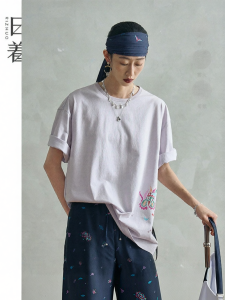 Loose-fit Knit T-shirt Round Neck Unique Curled Sleeve Short-sleeve Top