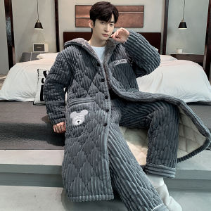 ชุดนอนชาย ผ้าขนแกะคอรัล ชุดนอนแขนยาวมีฮู้ด ชุดนอนแบบสามชั้นหนา ชุดนอนฤดูหนาว ชุดอยู่บ้าน เสื้อคลุมกันหนาวแบบสวมหัว