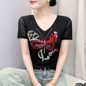 Yimei Áo thun kim cương nhân tạo hình con bướm tay ngắn cổ chữ V Mới Mùa Hè với ý nghĩa thiết kế áo lưới đàn hồi xếp li thời trang giản dị tay ngắn