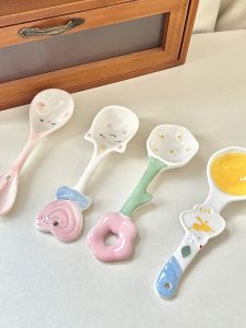 Long-Handled Ceramic Soup Spoon Irregular Cute Design for Home Use Ideal for Porridge And Rice Serving Cartoon Cutlery Set