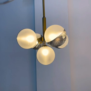Lampu gantung void kaca grey susu 5lampu modern hias ruang tamu meja makan pendant light lebar 45cm