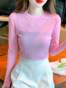 เสื้อยืดแขนยาวผู้หญิงลายลูกไม้โปร่งใส ชุดชั้นในสีดำ ชุดชั้นในฤดูร้อน แฟชั่นเกาหลี ผ้าไนลอน ระบายอากาศได้ดี ปกโปโล คอกลม