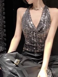 Sequin Neck Strap Vest Bright Shiny Shoulder Baring Belly Button Exposure Crop Top Womens Fashion Streetwear Summer 2024