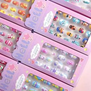 24Pcs/Box Lovely Red Cherry Rabbit Plaid Children Fake Nails Cartoon Pattern Kids Press On Nail for Girl Wearable False Nails 1