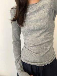 Gray Cuffed Long Sleeve Slim Fit Base Layer T-Shirt Womens Thin Shoulder Sun Protection Top Commute Style Korean Version