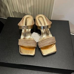 Giày Cao Gót Đế Vuông Hở Mũi Thời Trang Mùa Hè Cho Nữ Giày Lười Đính Đá Rhinestone Đế Cao Su Thoải Mái Thường Ngày