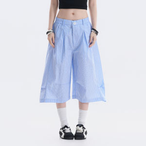 zuocisankon | Korean Style Loose Color-blocked Stripe Pleated Culottes 3/4 Length Shorts