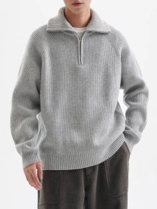 Zipper Half-High Collar Long Sleeve Knitted Sweater for Men Solid Color Warm Base Layer Japanese Style Crew Neck Pullover