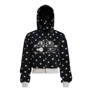 Vintage Polka Dot Letter Embroidery Color Block Hooded Jacket Casual Sweatshirt