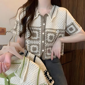 NLONKE Crochet knit tank top for women vintage sweet short sleeved POLO neck cardigan