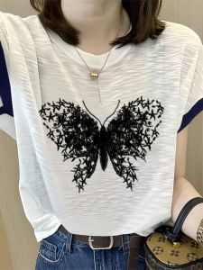 Black White Color Block Butterfly Knot Short Sleeve T-Shirt Bamboo Cotton Print Casual Loose Fit Summer Fashion Top